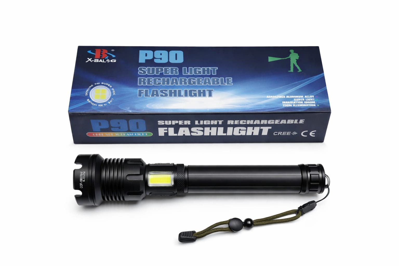 Wiederaufladbare LED-Taschenlampe P90 mit COB-Seitenlicht und Zoom